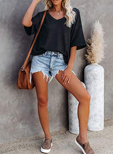 Dokotoo Womens Summer Casual Ladies V Neck Short Sleeve Shirts Waffle Knit Henley Tunic Tops Loose Fit Flowy Blouses Office Fashion 2024 Summer Gray L