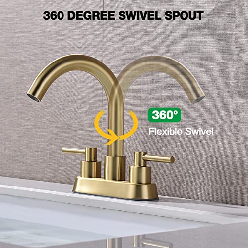 TRUSTMI Brushed Gold Bathroom Faucet 4 Inch Centerset 2 Handle 3 Hole Lavatory Vanity Sink Faucet with Overflow Pop Up Drain and cUPC Water Supply Lines, Spot Resist
