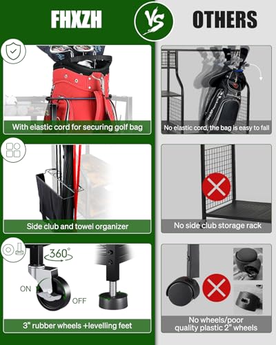 FHXZH Golf Bags Storage Garage Organizer Golf Bag Stand for Golf Bags, Clubs, Balls, Golf Equipment Accessories, Golf Bag Storage Rack with Wheels for Garage, Club, Basement (1 Golf Bag Organizer)