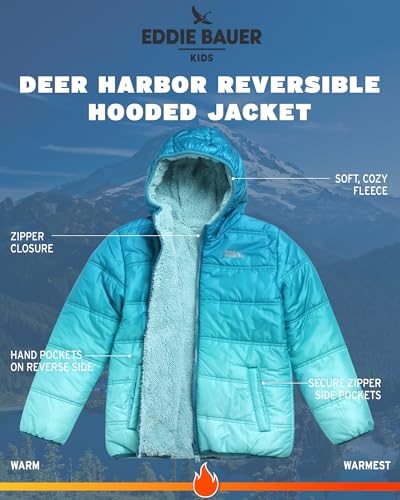 Eddie Bauer Boys' Reversible Jacket - Waterproof Lightweight Fleece Lined Hooded Puffer Coat - Boys Outerwear Jacket (5-20), Size 5-6, Marine Blue