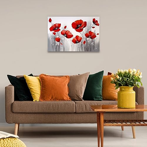 QIXIANG Red Poppies Flower Wall Art Poppy Blooming Canvas Painting Art Floral Oil Painting Prints Framed Bathroom Decor Ready to Hang (12.00" x 18.00", Poppies 1)