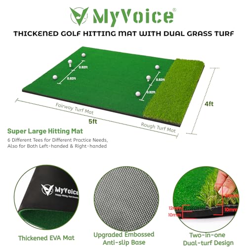 MyVoice Golf Hitting Mat - Pro 5x4ft | Premium Indoor/Outdoor Training Mat for Chipping, Swing, Driving | 2 Grass Turf Options, Thickened Design (21/45mm) | High-Elastic, Non-Slip Base