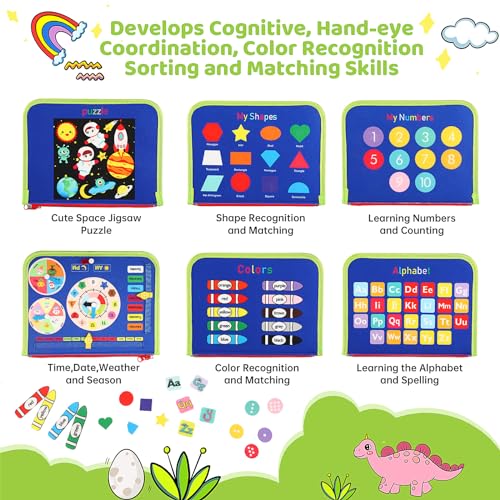 AJsupojouet Toddler Busy Book,Dinosaur Toys for Kids 3-5,Busy Board,Montessori Toys,Toddler Travel Toys,Educational Toys,Sensory Board Fine Motor Toys,Toddler Airplane Travel Essentials Quiet Books