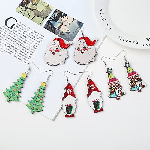 Taouzi 4 Pairs Christmas Earrings for Women Painted Wooden Christmas Earrings Cute Santa Claus Christmas Tree Teardrop Dangle Earrings Christmas Gift for Women