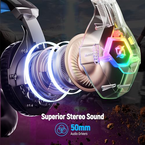 Ozeino Gaming Headset for Ps5, Ps4, PC with 7.1 Surround Sound, Gaming Headphones with Noise Cancelling Flexible Mic RGB Light Memory Earmuffs for Xbox Series X/S, PC, Mac, Laptop, Phone