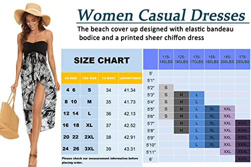 Women's Beach Dress Summer Sundress Maxi Strapless Cover Ups Vacation Wrap Dresses(A Maxi White Leaf,S)