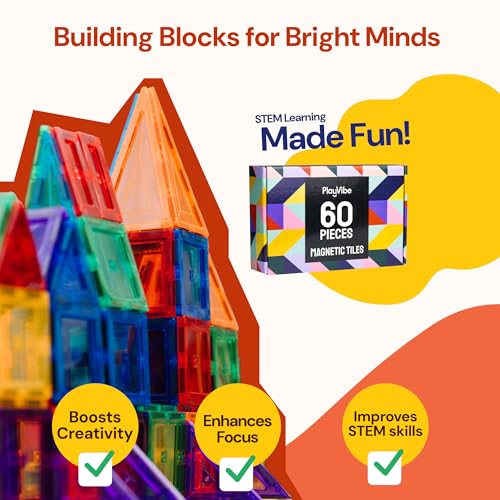 PLAYVIBE Magnetic Tiles 60 Pcs - 3D Magnet Toys for Kids 3+ - STEM Building Blocks - Toddler Learning Essential for Home & Classroom, Boys & Girls - Sensory Toys - Magnetic Blocks