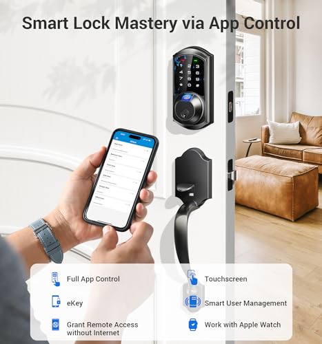 Veise Fingerprint Smart Locks for Front Door with Handle Set, App Control, Keyless Entry Keypad Deadbolt, Digital Electronic Touchscreen, Easy Install, Auto Lock, Matte Black