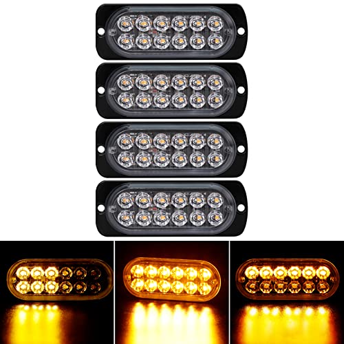 4-Pack 12 LED Amber Strobe Light Kit for Vehicles and Trucks - 12V-24V Emergency Warning Hazard Flash Bar Grill Surface Mount - Waterproof