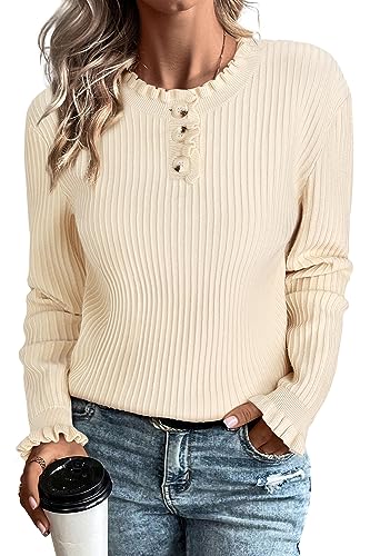 Arach&Cloz Womens Sweaters 2023 Trendy Ruffle Crew Neck long Sleeve Button Down Casual Knit Pullover Sweater Tops(Grey Purple,M)