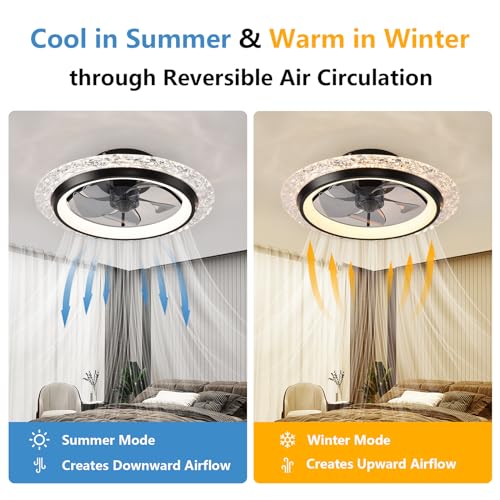 KINDLOV Ceiling Fans with Lights,Flush Mount Ceiling Fan with LED Light, Remote Control, and Six-Speed Wind Adjustment,Modern Ceiling Fan with Light for Bedroom,Kitchen,Living Room,Black
