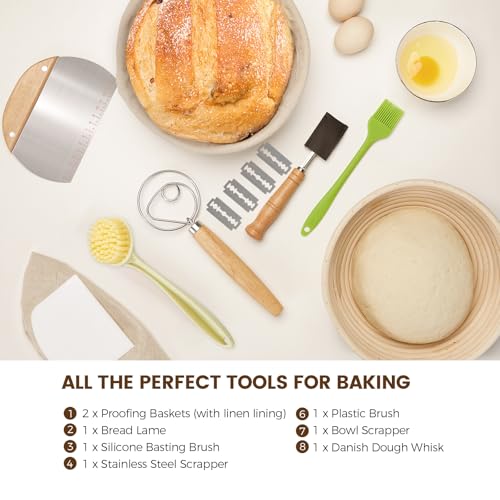 Banneton Bread Proofing Basket - Sourdough Starter Kit Banneton Sourdough Proofing Basket Set of 2, Sourdough Bread Baking Supplies for Making Baking Fermentation (9" Round Set of 2, 6 Accessories)
