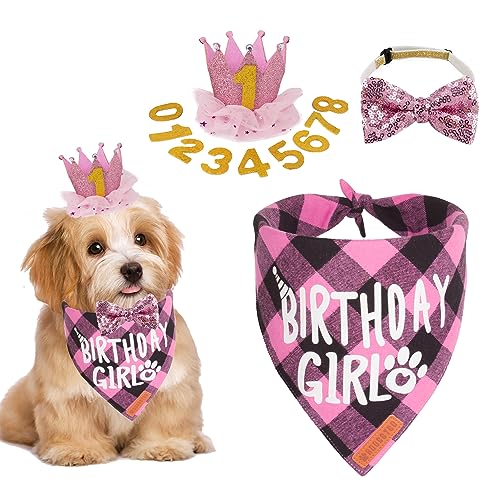 ADOGGYGO Dog Birthday Party Supplies, Multi Size Offered, Birthday Girl Dog Bandana, Pink Puppy Party Hat Crown with Numbers for Small Puppies Pets (Small)