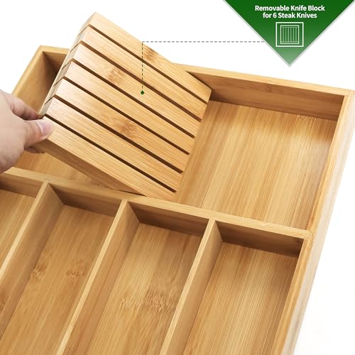VaeFae Bamboo Silverware Organizer, Utensil Holder for Drawer, Wooden Cutlery Tray with Divider for Kitchen Drawer, Utensil Organizer with Knife Block(Black)