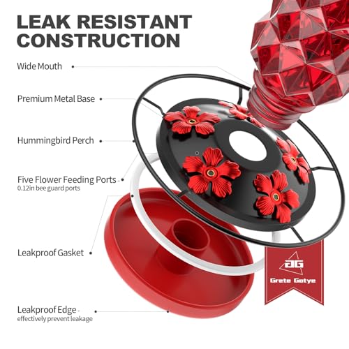 Glass Hummingbird Feeders for Outdoors, 25 Ounces Wild Bird Nectar Feeder with Perch & 5 Flower Feeding Ports Leak Proof Hanging for Garden Backyard Decor, Gifts for Women Mom, Red