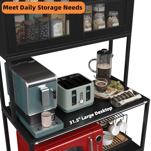 Furniouse 6-Tier Kitchen Bakers Rack with Power Outlet, Industrial Microwave Oven Stand with Shelves, Kitchen Utility Storage Shelf with Cabinet, Standing Kitchen Storage Rack (Black)