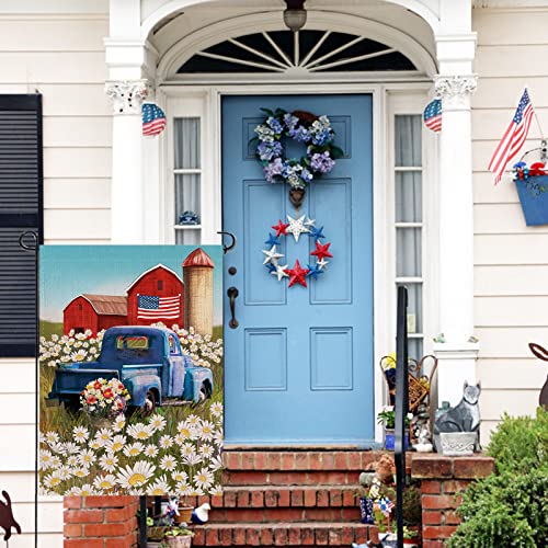 Dyrenson 4th of July Patriotic Welcome Memorial Day Garden Flag Double Sided, Rustic Farm Old Red Truck House Yard Flag, Daisy Garden Yard Flower Decorations, USA Outdoor Flag 12.5 x 18 Gift