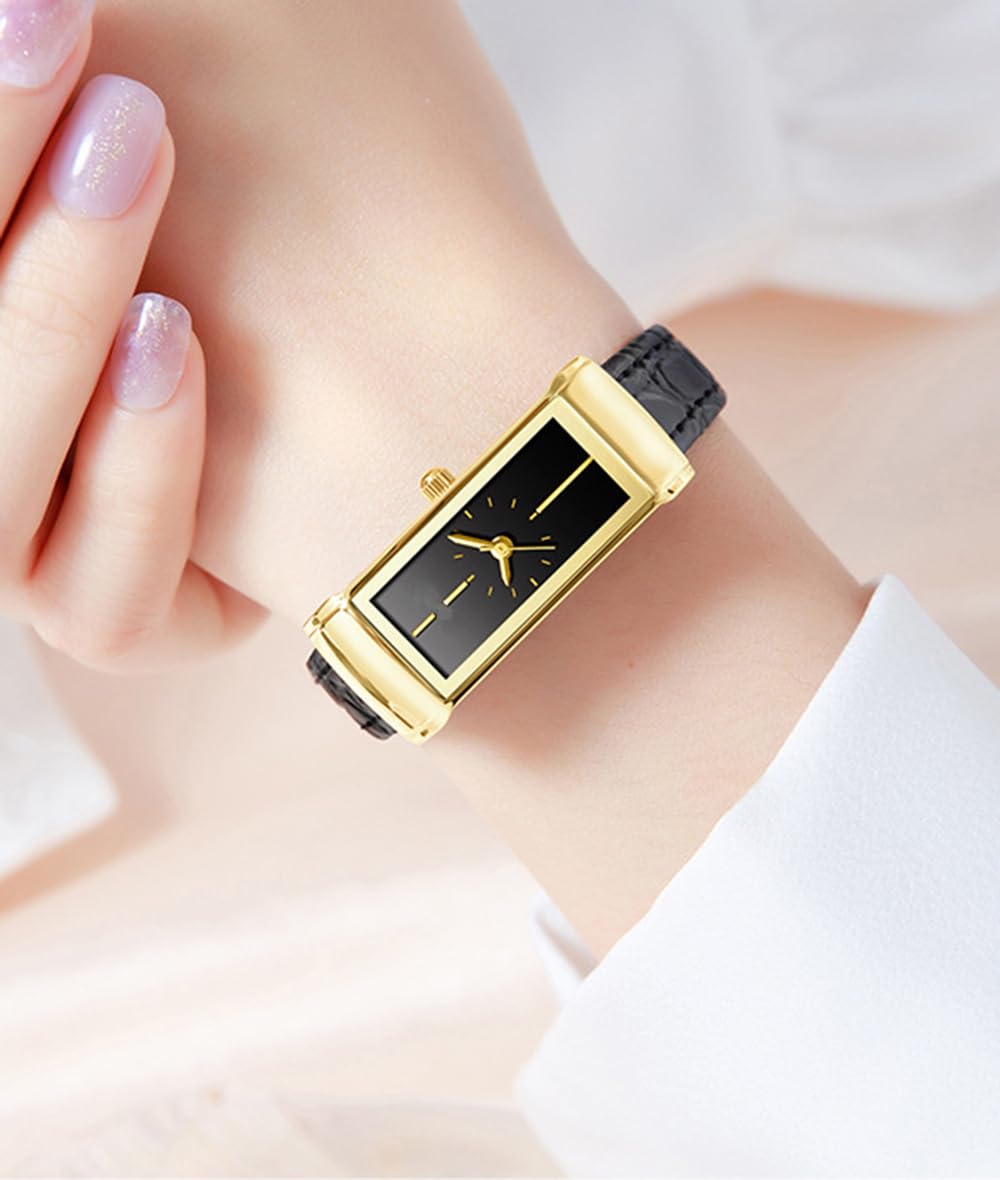 BESTKANG Women's Leather Watch Fashionable Rectangular Elegant Retro Waterproof Wrist Watch (Black Gold)