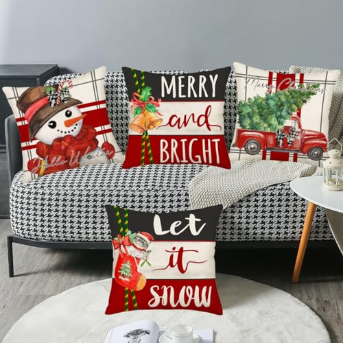 Smilyard Christmas Decorative Pillow Covers 16x16 Inch Set of 4 Merry Bright Christmas Tree Red Truck Snowman Let it Snow Cat Stocking Jingle Bells Decor Winter Pillows Cushion Case for Home Couch