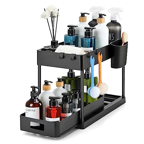 Ravinte 1 Pack Pull Out Under Sink Organizer 2 Tier Multi Purpose Sink Organizers Storage For Bathroom Kitchen Sink Storage Organizer With Hook & Hanging Cup Matte Black Sliding Cabinet Organizer
