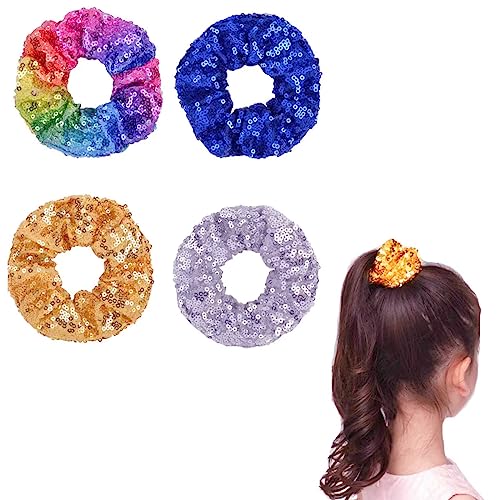 PNEIFON 4 Pack Hair Scrunchies, Sequin Scrunchies Elastic Stretch Sparkly Glitter Fashion Scrunchie Hair Tie Ponytail Holders Bun Cover for Girls and Women (style1)