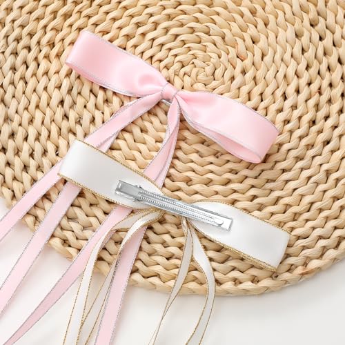 WORTL 10 PCS Satin Hair Accessories: Double Hair Ribbon Ponytail Holders, Metal Hair Clips and Bows for Women and Girls in Black and White