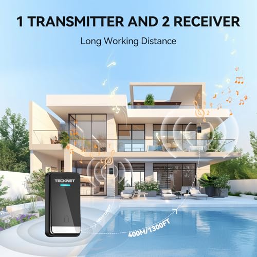 TECKNET Wireless Doorbell, Self-Powered Doorbell, 0-110db Plug-through Wireless Doorbell Ringer for Homes Classroom, IP66 Waterproof 1300ft Door Chime with Extra Socket, 60 Chimes, LED Light