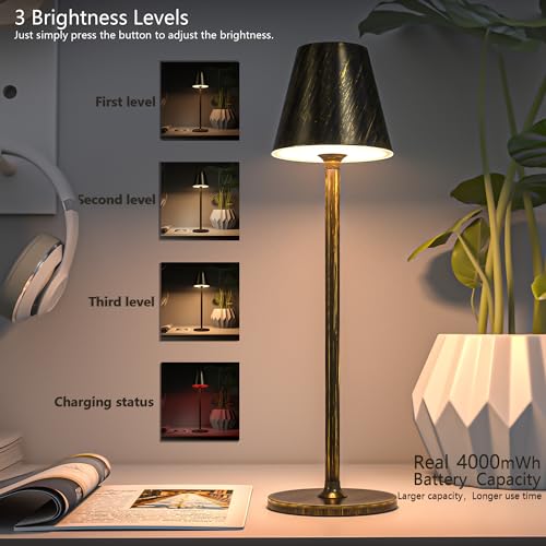 Timjorman Modern LED Cordless Table Lamp, 4000mAh Rechargeable Battery, 3 Level Brightness Night Light, Metal Shell, Minimalist Design, for Couples Dinner/Coffee Table/Restaurant/Bedroom, Black