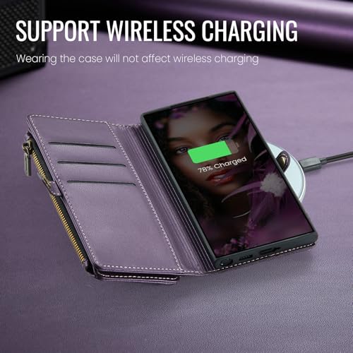 Defencase Compatible with Samsung Galaxy S23 Ultra Case Wallet with RFID Blocking Card Holder for Women Men, PU Leather Magnetic Snap Flip Zipper Strap Phone Case Fit for Galaxy S23 Ultra 5G, Purple