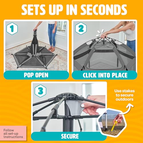 POP 'N GO Baby Playpen - Indoor & Outdoor Playpen for Babies and Toddlers - Baby Beach Tent, Foldable, Portable W/Canopy, Travel Bag, & Mosquito Net - Pop Up Pack and Play Tent (Anchor Grey)