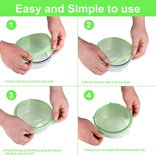 ONEGOL Silicone Stretch Lids, 12 Pack Silicone Lids, 6 Sizes BPA-free Silicone Bowl Covers Reusable for Cups, Bowls and Dish, Flexible, Round and Rectangle Fit 2.8” - 8.2” Container, Green & Blue