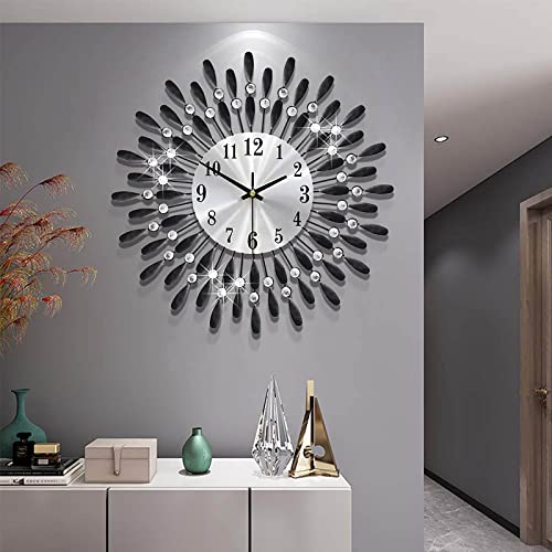 JUGV 19.7 INCH Black Wall Clock for Living Room Decor,Non-Ticking Quiet Metal Petals Dial Glass Big Wall Clocks Black for Bedrooms Kitchen and Small Space Decoration