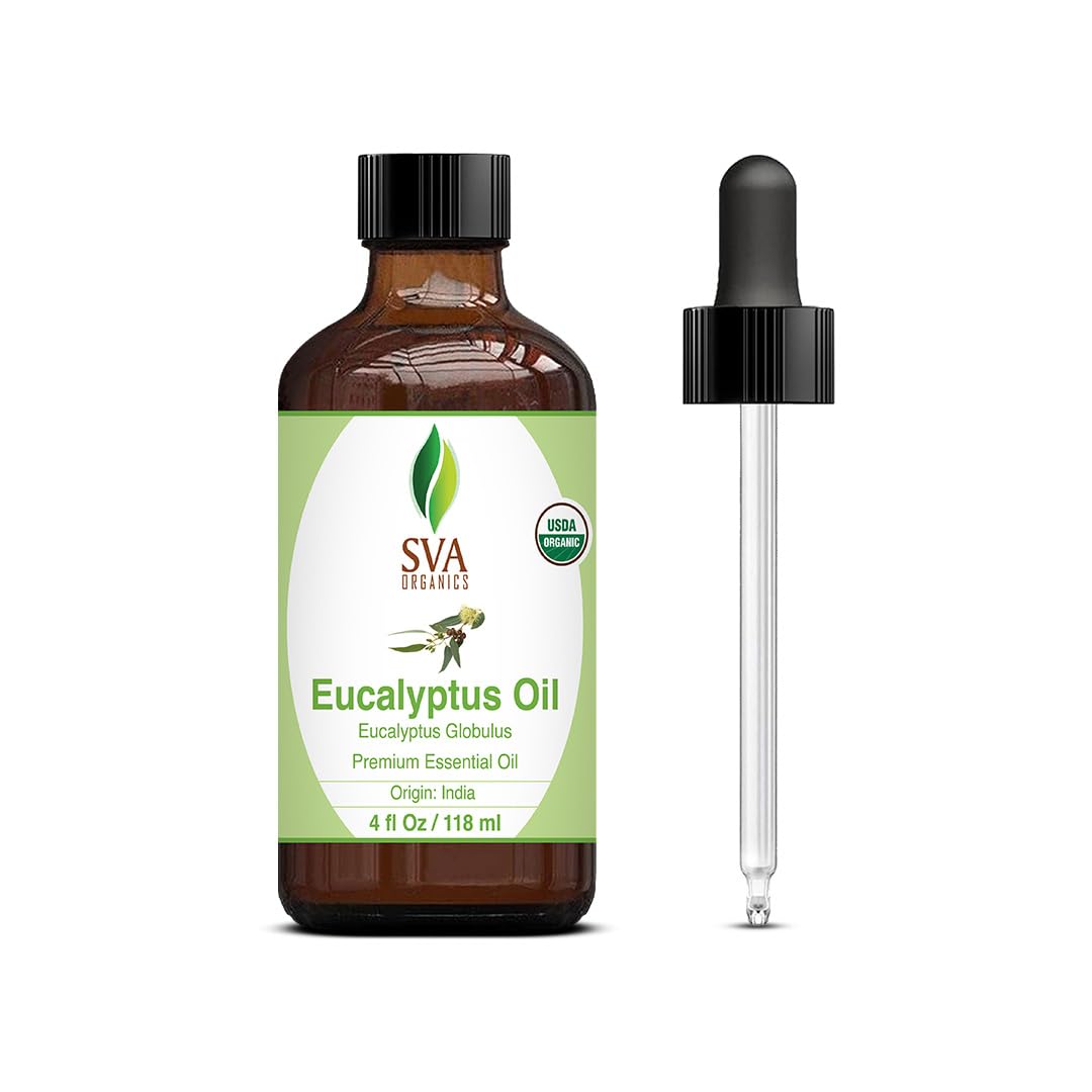 SVA Eucalyptus Essential Oil Organic – 4 Fl Oz – 100% Natural Organic Eucalyptus Oil - for Diffuser, Hair, Face, Skin Care, Aromatherapy, Scalp and Body Massage, Soap and Candle Making - with Dropper