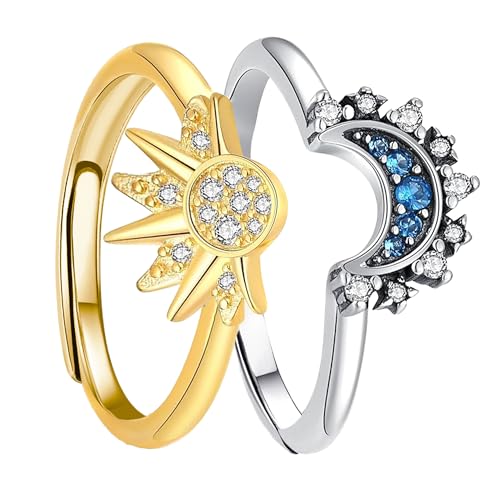 Sun and Moon Ring Set Stackable Rings for Women, Adjustable Celestial Jewelry Anillos Para Mujer Matching Rings as Friendship Best Friend Gifts for Teens, Gold and Silver Birthday Gifts for Girls