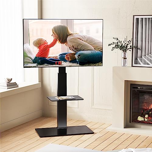 FITUEYES Swivel Floor TV Stand with Mount for TVs 37 43 50 55 60 65 70 75 Inch LCD LED Flat/Curved Screens Universal Swivel Televisions TV Mount Stand for Bedroom Living Room Black Tempered Glass Base