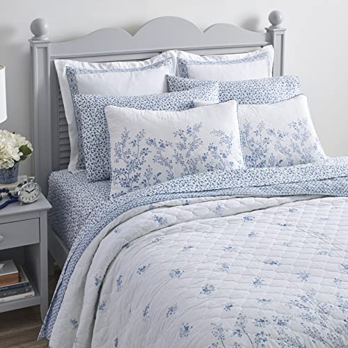 Laura Ashley Home - Twin Quilt Set, Reversible Cotton Bedding with Matching Sham, Pre-Washed Home Decor for Added Softness (Flora Blue, Twin)