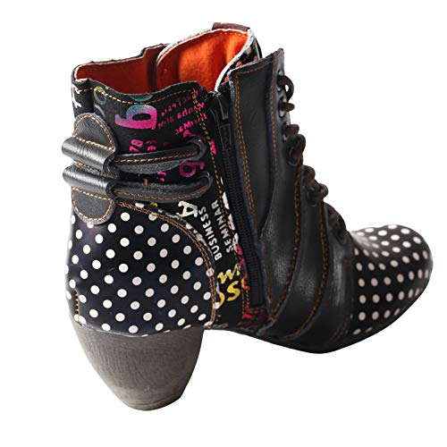 TMA EYES Boots for Women Lace-up Polka Dot Chunky Heels Ankle Boots(White,6)