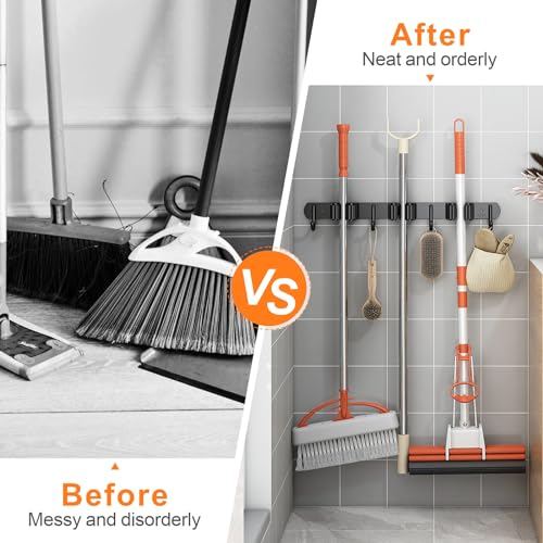 CUXIXA Mop and Broom Holder Wall Mount, Upgraded Broom Organizer Wall Mount, Stainless Steel Broom Hanger Wall Mount for Kitchen Garden Laundry Room Decor (3 Racks with 4 Hooks Black)