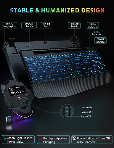 Wireless Keyboard and Mouse Backlits, Wrist Rest, Jiggler Mouse, Rechargeable Ergonomic Keyboard with Phone Holder, Silent Light Up Combo for Computer, Mac, PC, Laptop, Chromebook (Black)