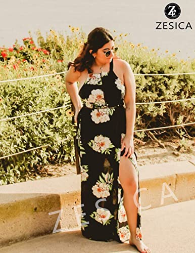 ZESICA Women's 2024 Summer Halter Neck Floral Print Backless Split Beach Party Maxi Dress,BluishViolet,Small