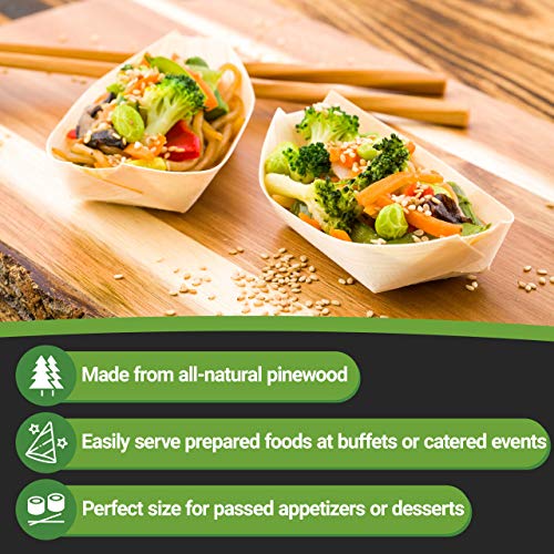 Restaurantware 4.5 x 2.5 Inch Food Boat 200 Bamboo Display Boat - Durable Small Bamboo Serving Tray For Catered Events Wedding Banquets Or Celebrations