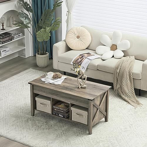 VINGLI Color Upgraded Farmhouse Lift Top Coffee Table, Rustic Grey Coffee Table with Lift Top, Lift Up Pop Up Coffee Table with Storage Shelf/Hidden Compartment, Coffee Table Mesa De Centro para Sala