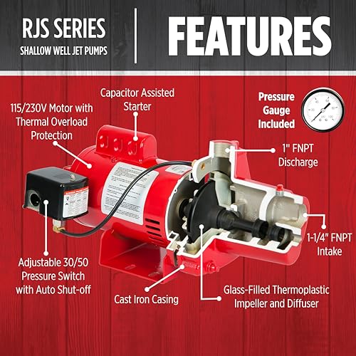Red Lion RJS-50-PREM 1/2 HP, 12 GPM, 115/230 Volt, Premium Cast Iron Shallow Well Jet Pump, Red, 602206