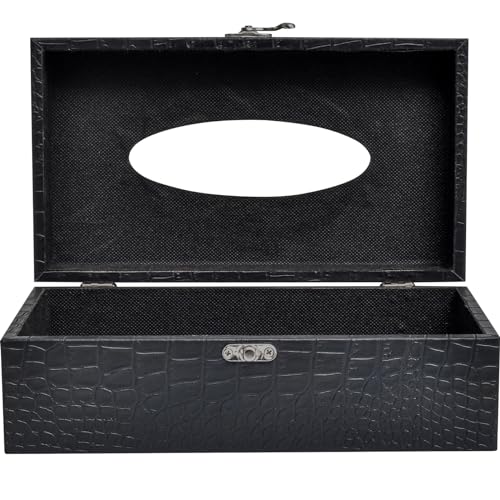 JUMBO DECOR Crocodile Leather Tissue Box Cover with Clasp – Modern Elegant Black Tissue Box Holder for Bathroom, Bedroom, and Living Room – Kleenex Box Covers in Rectangle Shape