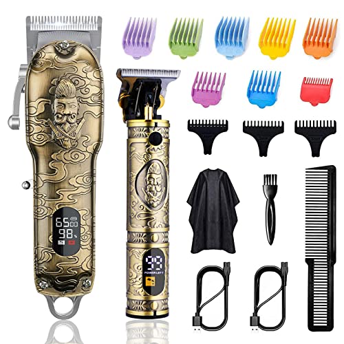 Soonsell Hair Clippers for Men T-Blade Trimmer Set,Man Professional Cordless Barber Clippers Set ,Blade Close Cutting Beard Trimmer ,LCD Display(Gold)
