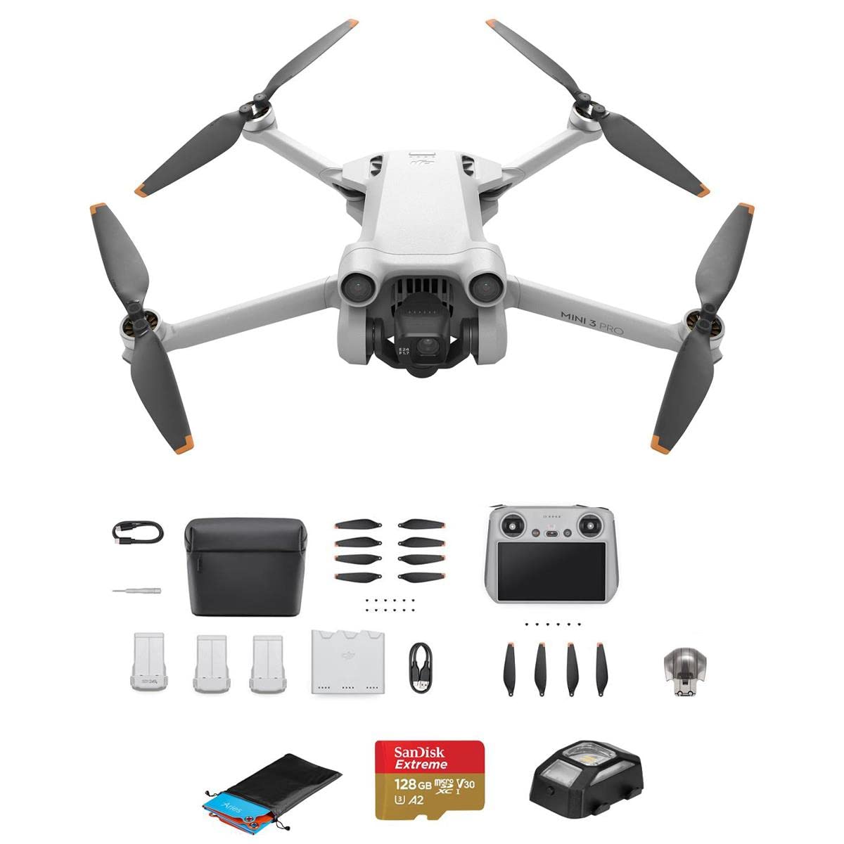 DJI Mini 3 Pro Drone with RC Remote Controller, Bundle with Fly More Kit Plus, 128GB Memory Card, Anti-Collision Strobe Light, Landing Pad
