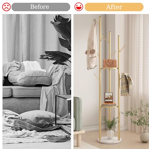 TIEOU Metal Coat Rack, Gold Coat Racks Freestanding with Shelves and Marble Base, Coat Tree with 9 Hooks for Scarves, Bags, Modern Coat Rack Stand for Entryway, Living Room, Bedroom, Easy Assembly