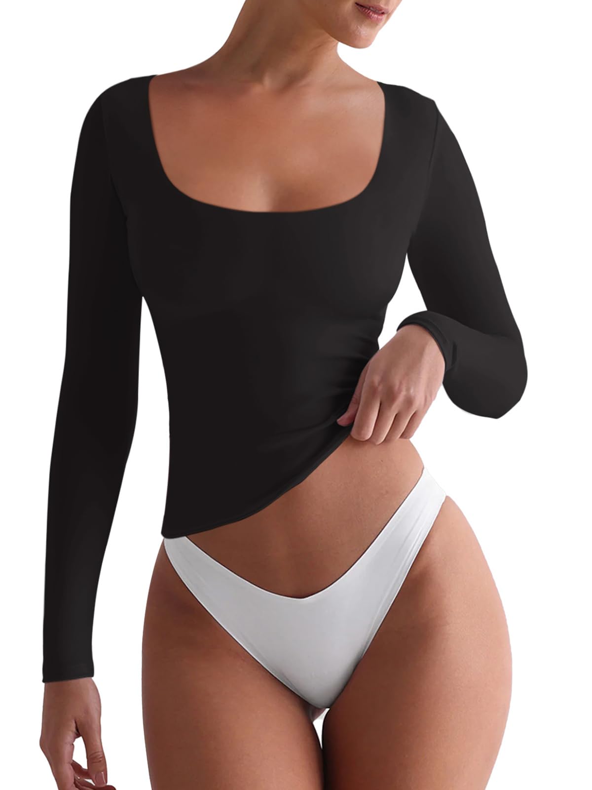 REORIA Womens Scoop Neck Long Sleeve T Shirts Double Lined Tops Casual Basic Tight Shirts Black Medium