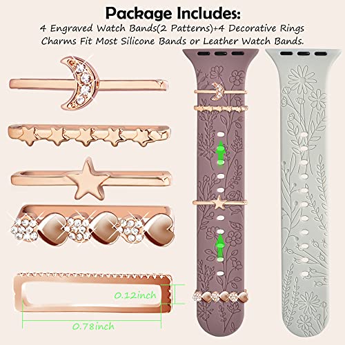 YOPICKERN 4 Pack Floral Engraved Bands with Charms Compatible with Apple Watch Band 40mm 41mm 38mm, Soft Women Sport Silicone Strap Replacement Wristbands for iWatch Bands Series 9 SE 8 7 6 5 4 3 2 1