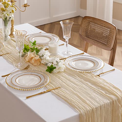 joybest 6 Pcs Beige Cheesecloth Table Runner, 10 FT Boho Gauze Table Runner Rustic Romantic Sheer Runner for Wedding Party Bridal Birthday Baby Shower Table Decorations